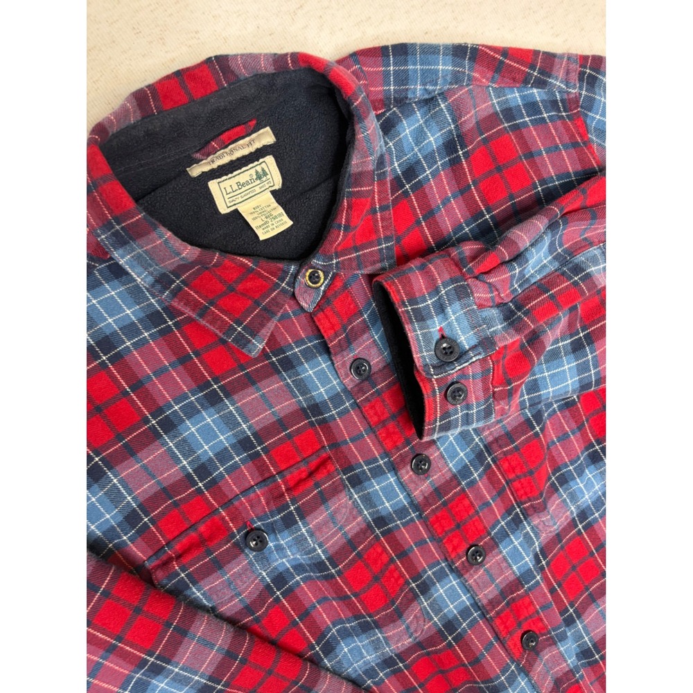 LL Bean Mens Red Blue Plaid Fleece Lined Flannel Shirt Jacket Traditional‎ Fit L
